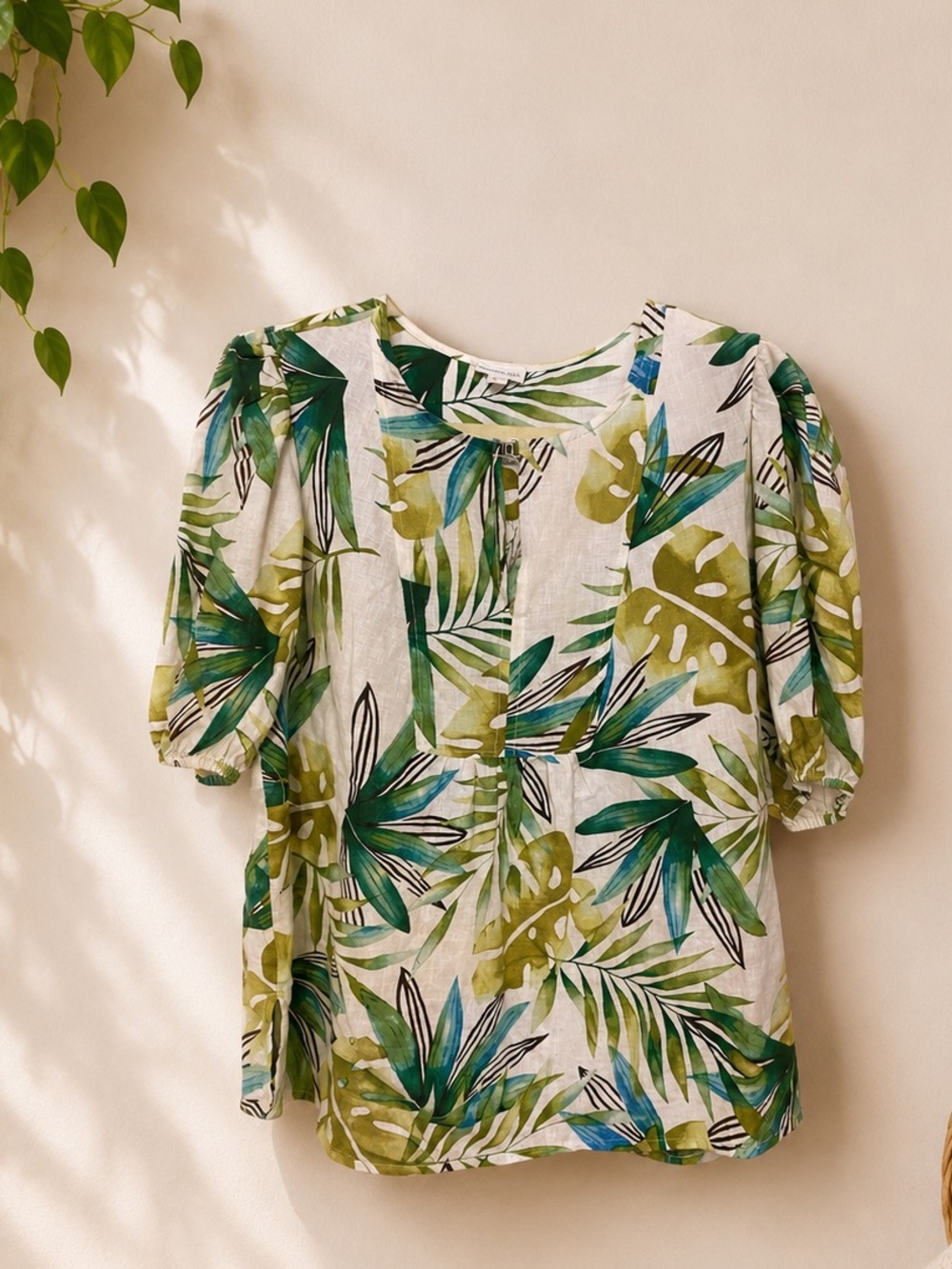 NWOT Sigrid Olsen Linen Blend Tropical Blouse S Green White Keyhole Puff Sleeves